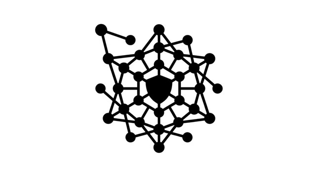 Abstract network of connected nodes forming a star shape with a shield in the center, symbolizing decentralized applications, dApps, and secure networks.