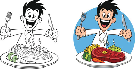 Happy cartoon boy eating steak meal, delicious food dinner plate with vegetables, hungry kid character vector illustration