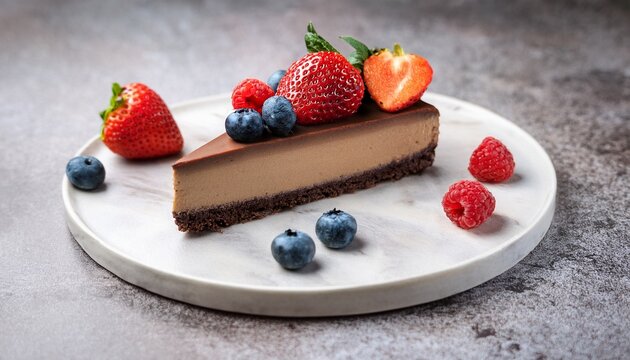 a rich chocolate cheesecake slice sits on a round marble plate decorated with vibrant strawberries blueberries and raspberries the scene exudes a tempting dessert appeal