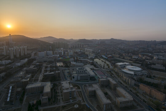 Modern Dalian City Sunrise Aerial View with Mountains