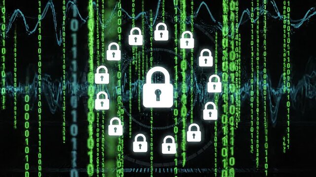 Central glowing padlock surrounded by smaller locks on cascading binary background, symbolizing cybersecurity, encryption, and digital data protection.
