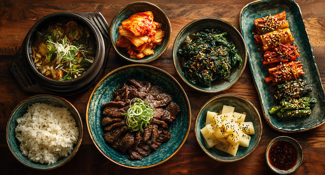 Traditional Korean food table setting with Bulgogi, rice, soup, and various side dishes.