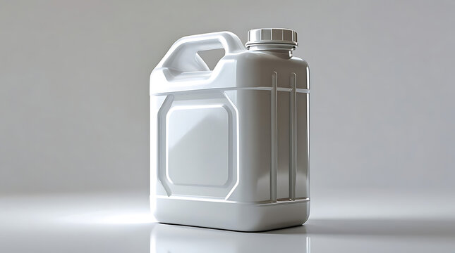A white rectangular jug with a top handle and screw cap sits on a reflective white surface against a plain white background, with subtle gradients and reflections, 8k image