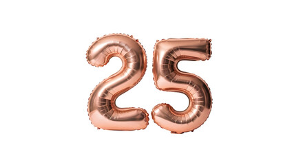 Obraz premium Rose gold number 25 foil balloons, metallic pink twenty-five birthday celebration decor, shiny copper helium balloon for 25th anniversary isolated PNG with Transparent Background
