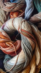 Close-up of colorful yarn skeins, intertwined, rich textures, and fibers
