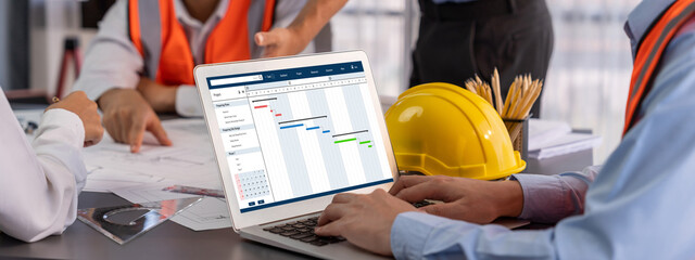 Project planning software for brisk business project management on the computer screen showing...