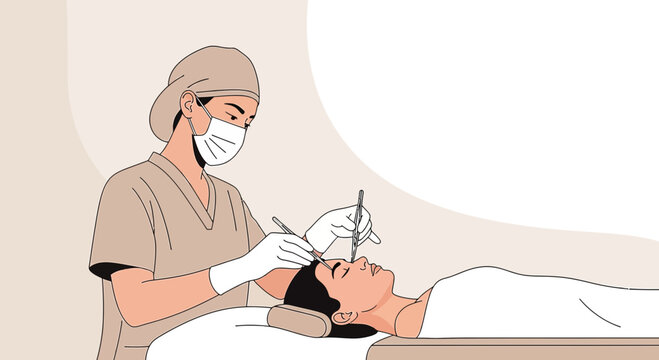 Cosmetic surgeon performing eyebrow microblading procedure on a woman lying down