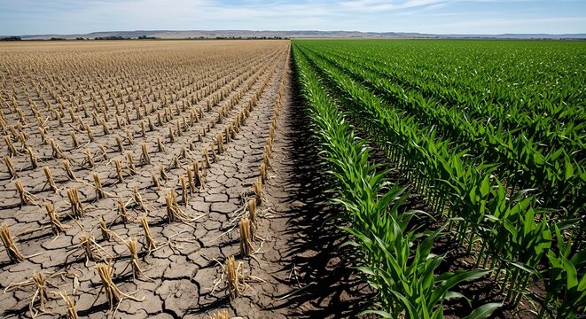 Contrasting agricultural fields showing drought-stricken dry land next to lush green crops