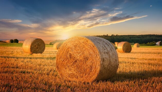 straw rolls in meadow beautiful landscape in the late afternoon in agricultural field hay bale close up