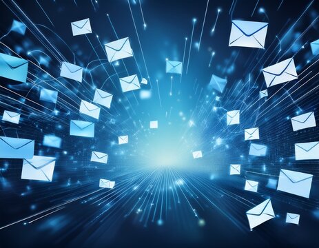 blue background with multiple emails flying out symbolizing communication and digital messaging