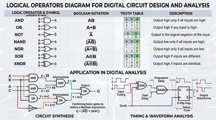 Digital circuit design exploring logic operators and their applications in electronic analysis educational setting infographic technical overview