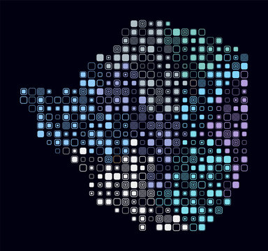 Zimbabwe, shape of the country build of colored cells. Digital style map of the Zimbabwe on dark background. Large size rounded square blocks. Abstract vector illustration.