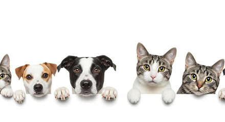 Friendly pets peeking side-by- side with natural fur patterns isolated on a transparent background dogs