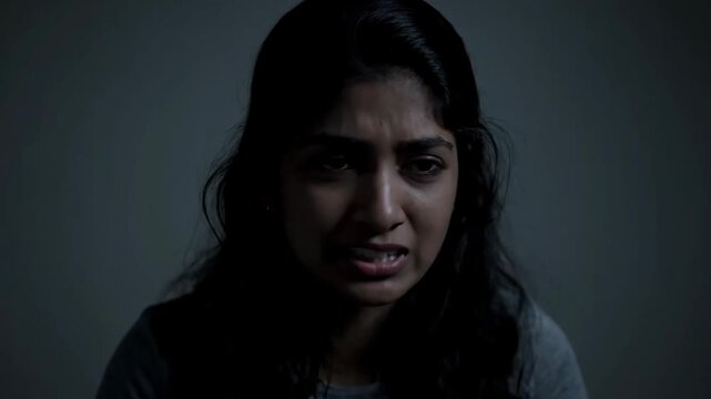 Woman with Fearful Expression in Dark Room.