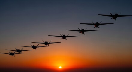 Obraz premium Formation of drones flying in silhouette against a vibrant sunset sky