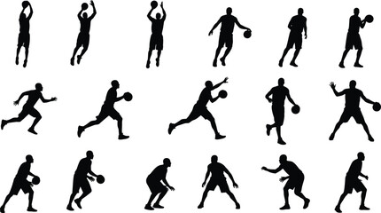Basketball player silhouette collection with dribbling shooting defending and running poses, isolated sports action set on white background © Sayedmohammad