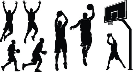 Basketball player silhouette collection, jumping shooting dunking actions, dynamic sports movement, black and white vector illustration set, athlete gameplay poses © Sayedmohammad