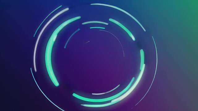 Concentric neon rings rotate over a dark blue-purple gradient, with teal segments pulsing like a loading indicator. Smooth glow, soft blur, and subtle motion trails create a sleek, futuristic loop.