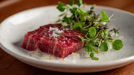 Japanese Wagyu Beef on White Plate with Micro Herbs and Sea Salt in Luxury Food Photography