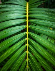 Close-up of a vibrant green palm leaf with linear veins and water droplets