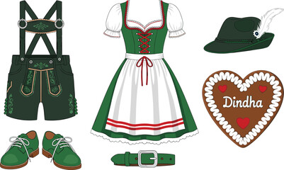 Oktoberfest traditional costume set with dirndl dress lederhosen hat shoes belt and gingerbread heart Bavarian festival vector illustration collection