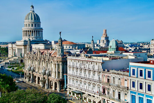 El Capitolio National Capitol of Cuba and Colonial Buildings Lining Street in Old Havana Havana Historic Centre Cuba