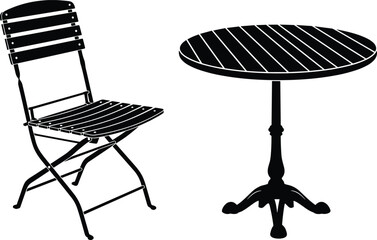 Outdoor cafe furniture silhouettes, folding chair and round table set, patio garden furniture icons, restaurant terrace vector illustration