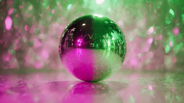 A reflective chrome sphere sits on a glossy surface, drenched in vivid green and magenta light, while shimmering bokeh flickers behind and gentle reflections ripple across the metal.