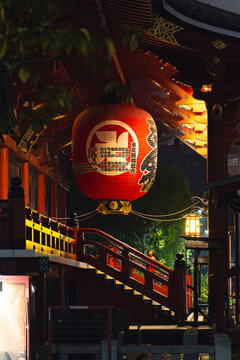 Man on Japanese temple gate and street at night in Tokyo