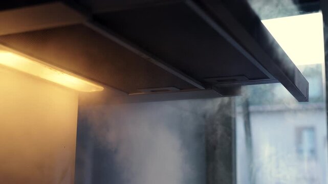 Modern kitchen range hood clearing steam above stovetop, functional ventilation system operating during hot meal cooking at home