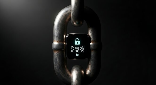 Locked iphone displayed on a metal chain link in a dark background