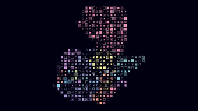 Guatemala map animation. Shape of the country with pulsating colored dots. Large size square blocks. Digital style Guatemala map on dark background. Creative video.