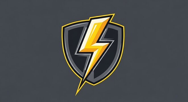 A stylized yellow lightning bolt superimposed on a dark shield with a yellow outline.