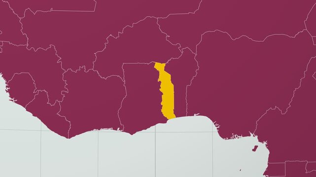 Togo map. Animated zoom into the country on the Globe in Pale Mint Dark Pink color palette. Country logo animation with round text and airplanes. Map with meridians, parallels. Appealing video.
