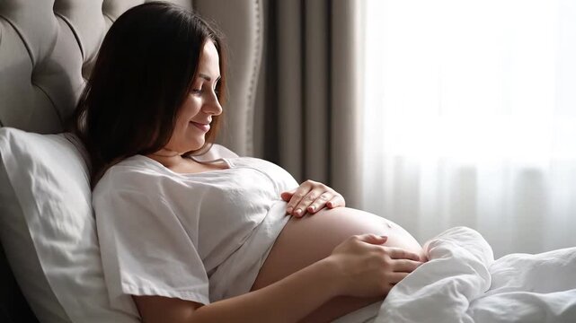 Pregnant woman rests comfortably in bed while gently touching her abdomen.
