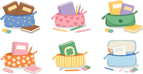 Cute set of colorful pencil cases and school supplies featuring patterned pouches with notebooks, pencils, erasers, and paperclips in flat cartoon style for back to school educational design projects.