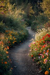 Colorful Flower Garden Pathway Surrounded by Blooming Plants and Lush Greenery