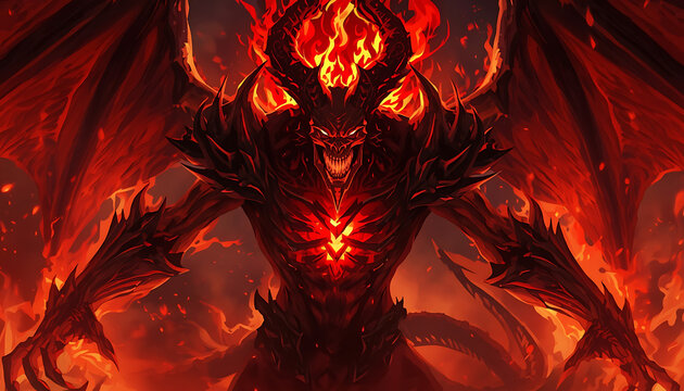 Fiery demon emerging from flames with glowing red eyes and sharp horns
