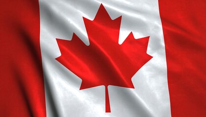 Close-up of Canadian flag waving with red maple leaf on white and red stripes