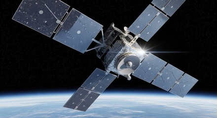 Artificial Satellite Orbiting Above the Beautiful Earth in Outer Space, Majestic View of Our Planet