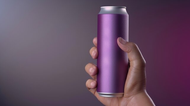 Hand holding a shimmering purple aluminum can, stylish beverage container for modern advertising