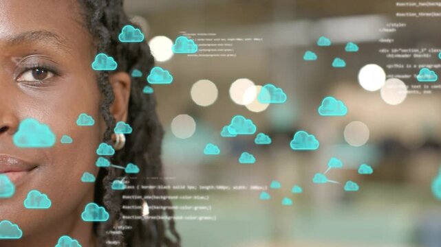 Woman's blink sparking teal cloud icons multiplying, linking, passing face, showing tech network