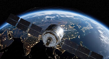 Artificial Satellite Orbiting Above the Beautiful Earth in Outer Space, Majestic View of Our Planet