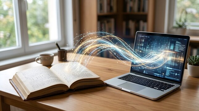 Digital Learning Technology Connecting Traditional Book Knowledge with Modern Laptop Data.