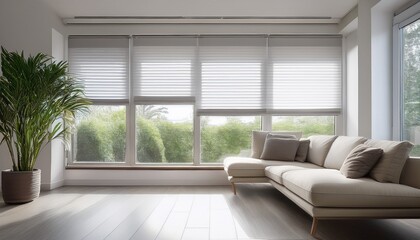Obraz premium roller blinds positioned within the indoor space white roller shades covering the windows within the living area a houseplant and a couch are present in the room motorized curtains integrated into