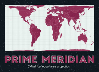 Prime Meridian. World map. Cylindrical equal-area projection centered to Prime Meridian. Pale Mint Dark Pink palette. Vintage texture. Charming vector illustration. © Eugene Ga