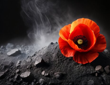 a vibrant red poppy flower emerging from volcanic ash resilience and rebirth amidst a dramatic smoky background filled with glowing embers concept of cremation ritual services copy space