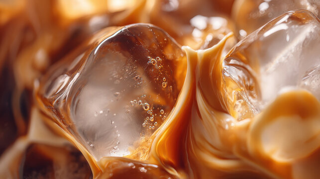 Close up of a refreshing iced coffee latte with milk and ice cubes for cafe and lifestyle concepts