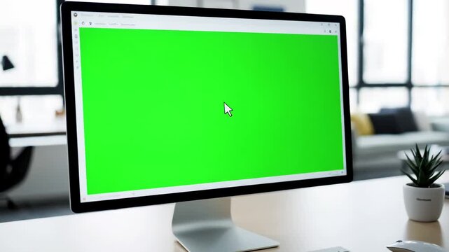 Digital Workspace with computer desktop mock up green screen white background in office zoom shoulder view distortion, overlay, glitch, static noise, scan lines on black background, 4k animated video