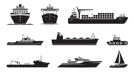 Set of black boat and ship icons including a sailing ship, cargo vessel, and passenger cruiser © VANU
